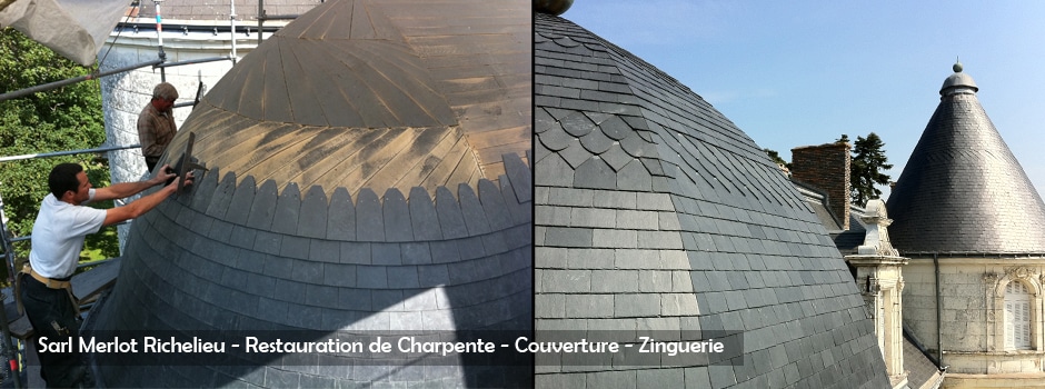 Restauration charpente couverture ardoise  - zinc  Charpente bois - Sarl MERLOT Richelieu - Charpente Couverture Indre et Loire - Région Centre - Val de Loire - France